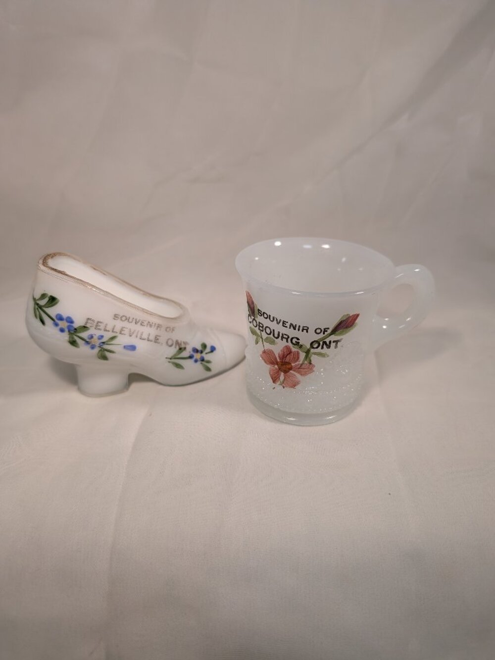 Vintage Ontario Souvenir Shoe Mug COBOURG  and BELLEVILLE Milk Glass Items